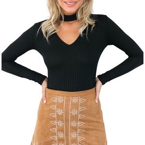 Ribbed Choker-neck Style Sweater Top